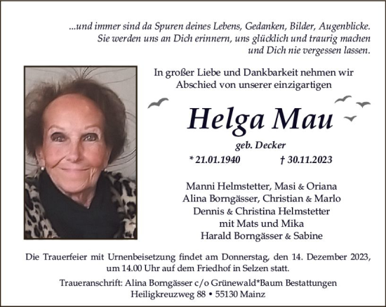 Traueranzeige von Helga Mau von Allgemeine Zeitung Mainz