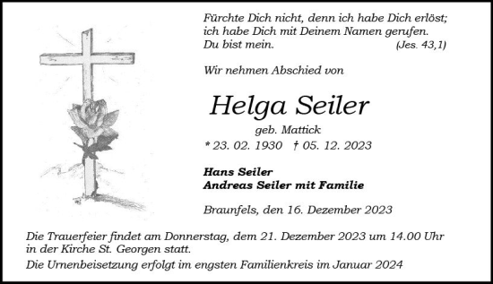 Traueranzeige von Helga Seiler von Wetzlarer Neue Zeitung