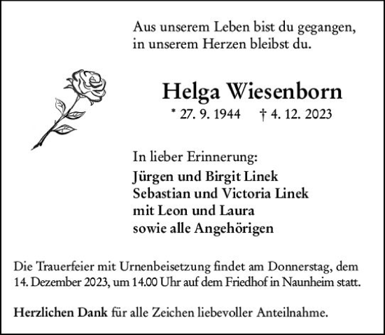Traueranzeige von Helga Wiesenborn von Wetzlarer Neue Zeitung
