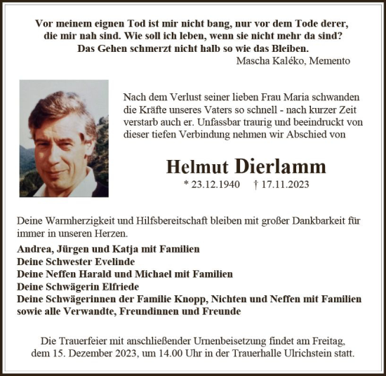 Traueranzeige von Helmut Dierlamm von VRM Trauer