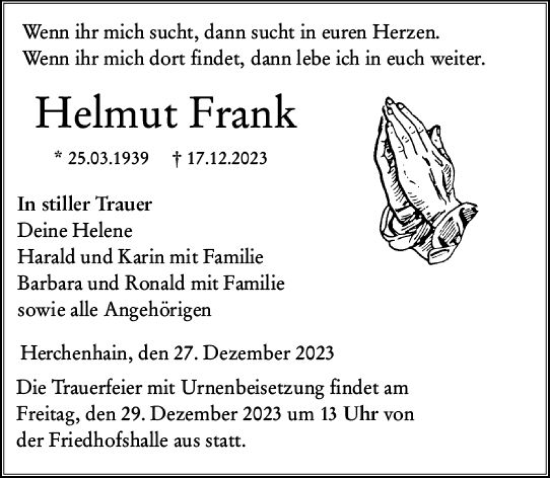 Traueranzeige von Helmut Frank von VRM Trauer