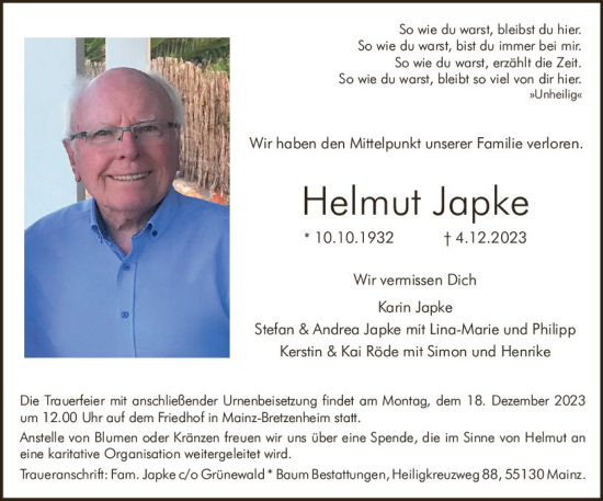 Traueranzeige von Helmut Japke von Allgemeine Zeitung Mainz