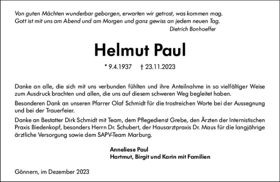 Traueranzeige von Helmut Paul von Hinterländer Anzeiger
