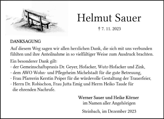 Traueranzeige von Helmut Sauer von Odenwälder Echo