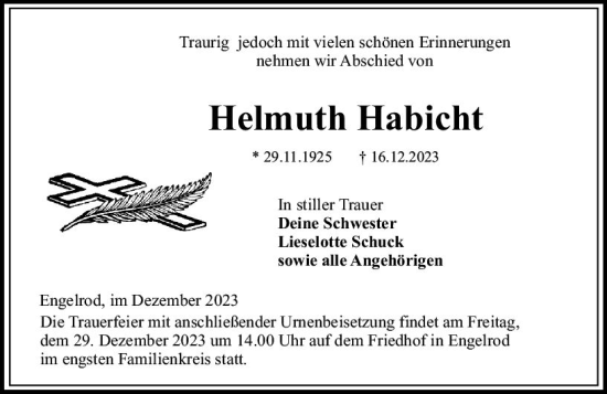 Traueranzeige von Helmuth Habicht von VRM Trauer