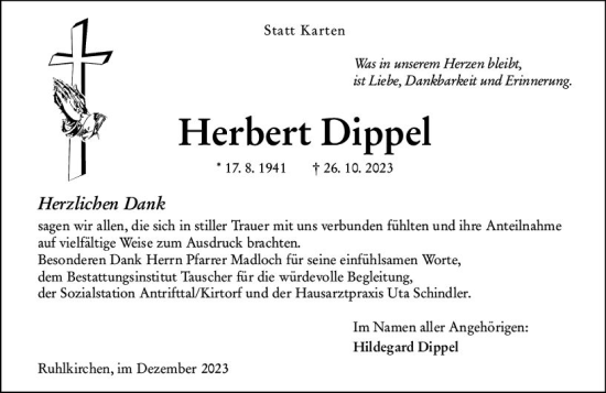 Traueranzeige von Herbert Dippel von VRM Trauer