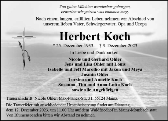 Traueranzeige von Herbert Koch von Allgemeine Zeitung Mainz