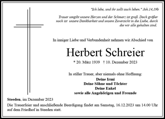 Traueranzeige von Herbert Schreier von Weilburger Tageblatt