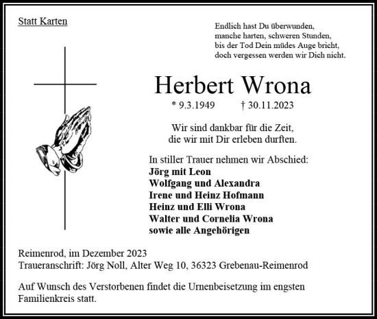 Traueranzeige von Herbert Wrona von VRM Trauer