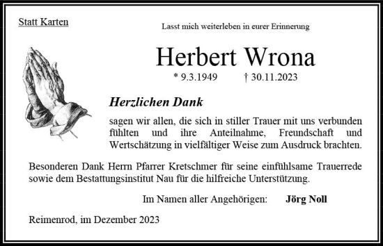 Traueranzeige von Herbert Wrona von Oberhessen Kurier