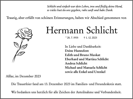 Traueranzeige von Hermann Schlicht von Wetzlarer Neue Zeitung