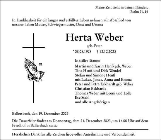 Traueranzeige von Herta Weber von Dill Block