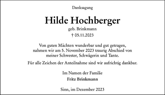 Traueranzeige von Hilde Hochberger von Dill Block