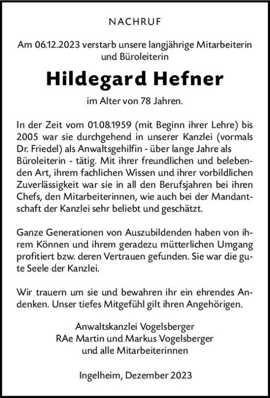 Traueranzeige von Hildegard Hefner von Allgemeine Zeitung Bingen/Ingelheim