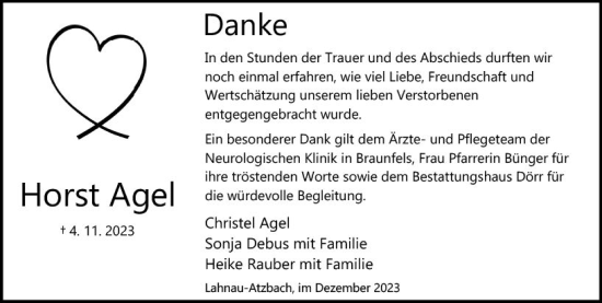 Traueranzeige von Horst Agel von Wetzlarer Neue Zeitung