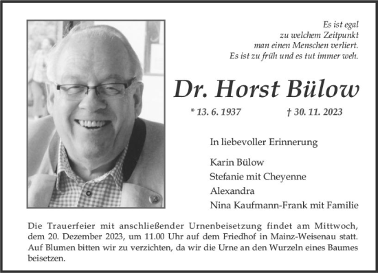 Traueranzeige von Horst Bülow von Allgemeine Zeitung Mainz