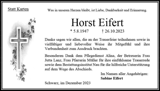 Traueranzeige von Horst Eifert von Oberhessen Kurier