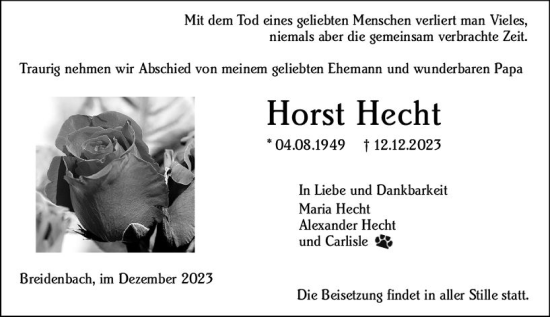Traueranzeige von Horst Hecht von Hinterländer Anzeiger