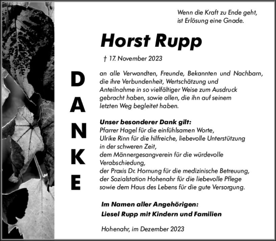 Traueranzeige von Horst Rupp von Wetzlarer Neue Zeitung
