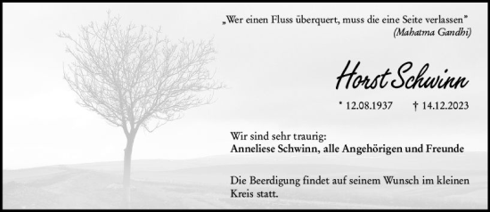 Traueranzeige von Horst Schwinn von Darmstädter Echo