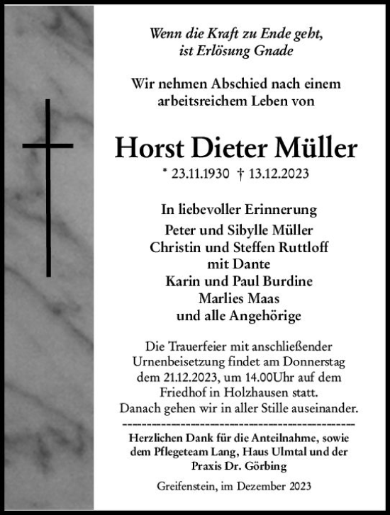 Traueranzeige von Horst Dieter Müller von Wetzlarer Neue Zeitung