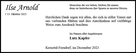 Traueranzeige von Ilse Arnold von Hinterländer Anzeiger