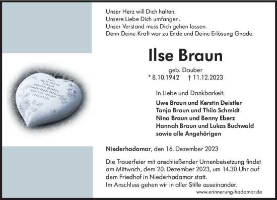 Traueranzeige von Ilse Braun von Nassauische Neue Presse