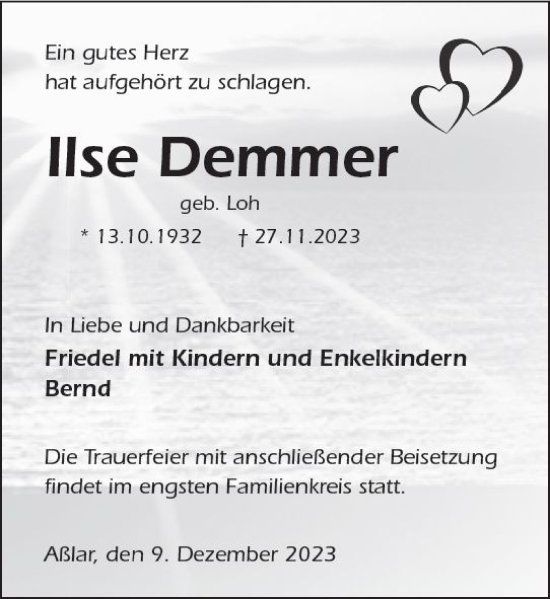 Traueranzeige von Ilse Demmer von Wetzlarer Neue Zeitung