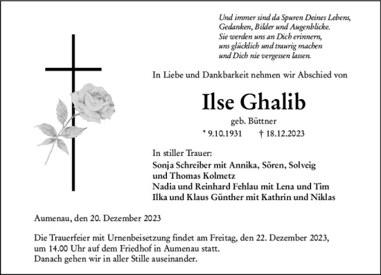 Traueranzeige von Ilse Ghalib von Weilburger Tageblatt