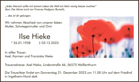 Traueranzeige von Ilse Hieke von Allgemeine Zeitung Bingen/Ingelheim