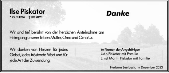 Traueranzeige von Ilse Piskator von Dill Block