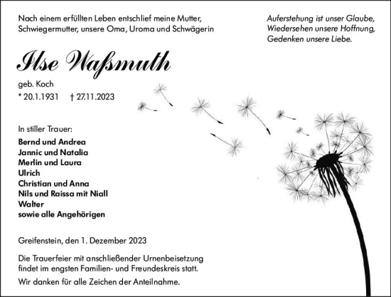 Traueranzeige von Ilse Waßmuth von Wetzlarer Neue Zeitung