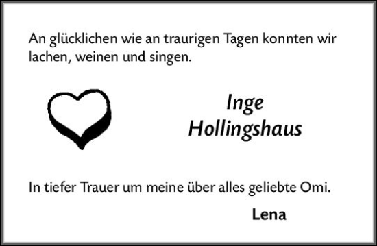 Traueranzeige von Inge Hollingshaus von Wiesbadener Kurier