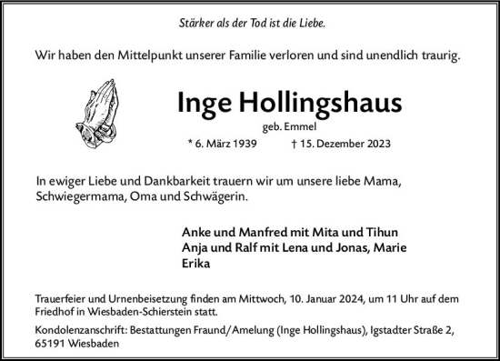 Traueranzeige von Inge Hollingshaus von Nassauische Neue Presse