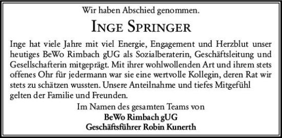 Traueranzeige von Inge Springer von Starkenburger Echo