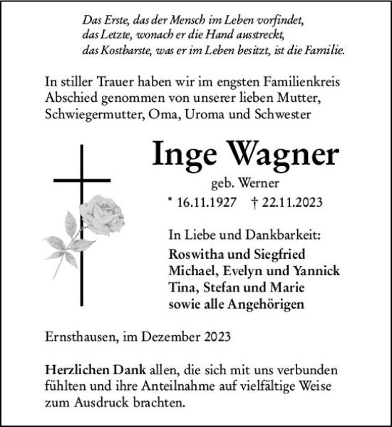 Traueranzeige von Inge Wagner von Weilburger Tageblatt