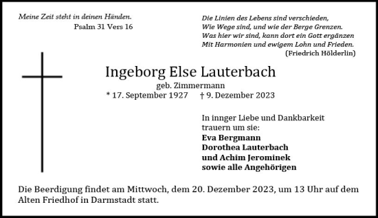 Traueranzeige von Ingeborg Else Lauterbach von Darmstädter Echo