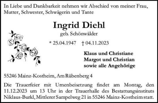 Traueranzeige von Ingrid Diehl von Allgemeine Zeitung Mainz