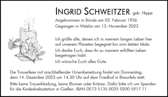 Traueranzeige von Ingrid Schweitzer von Wetzlarer Neue Zeitung