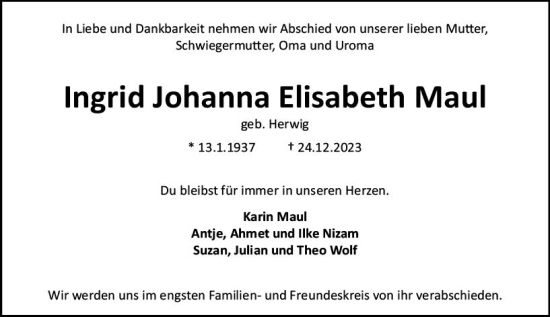 Traueranzeige von Ingrid Johanna Elisabeth Maul von Darmstädter Echo