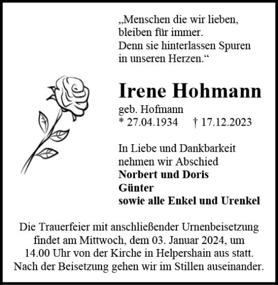 Traueranzeige von Irene Hohmann von VRM Trauer