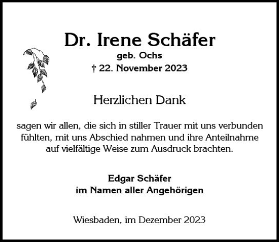 Traueranzeige von Irene Schäfer von Wiesbadener Kurier