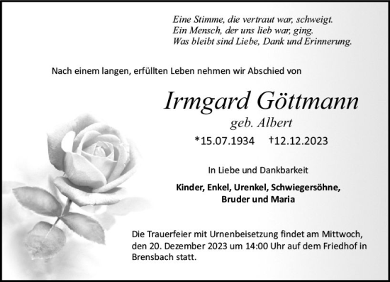 Traueranzeige von Irmgard Göttmann von Odenwälder Echo