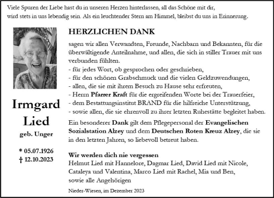 Traueranzeige von Irmgard Lied von Allgemeine Zeitung Alzey
