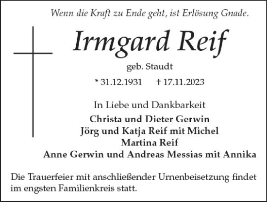 Traueranzeige von Irmgard Reif von Wetzlarer Neue Zeitung