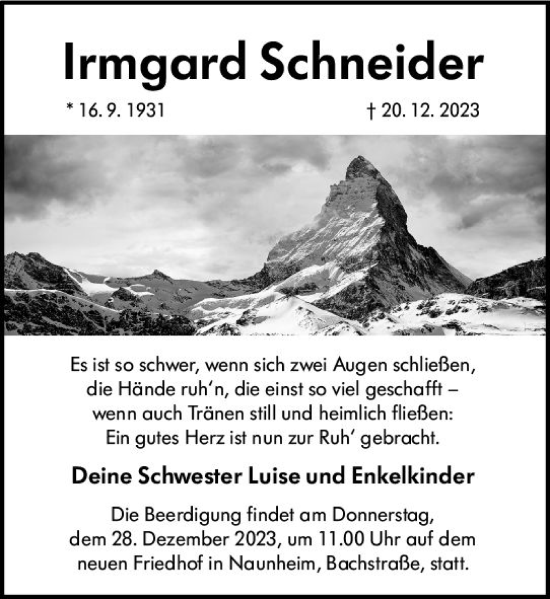 Traueranzeige von Irmgard Schneider von Wetzlarer Neue Zeitung