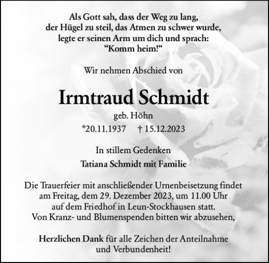 Traueranzeige von Irmtraud Schmidt von Wetzlarer Neue Zeitung