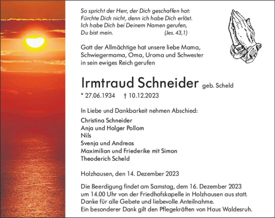 Traueranzeige von Irmtraud Schneider von Hinterländer Anzeiger