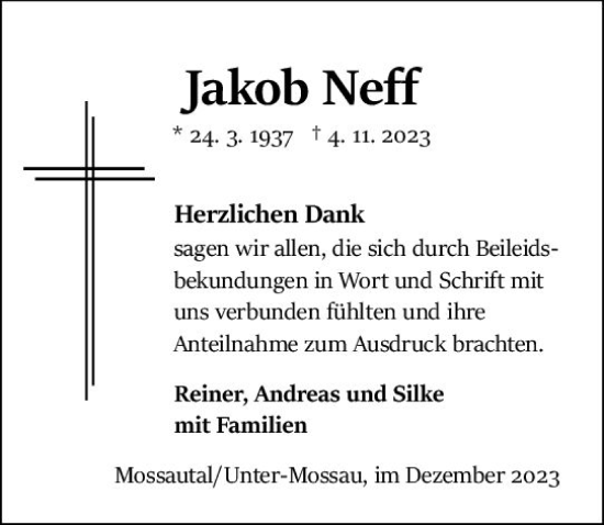 Traueranzeige von Jakob Neff von Odenwälder Echo