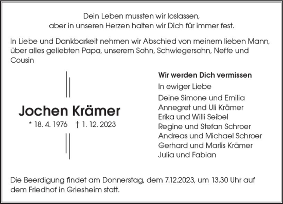 Traueranzeige von Jochen Krämer von Darmstädter Echo